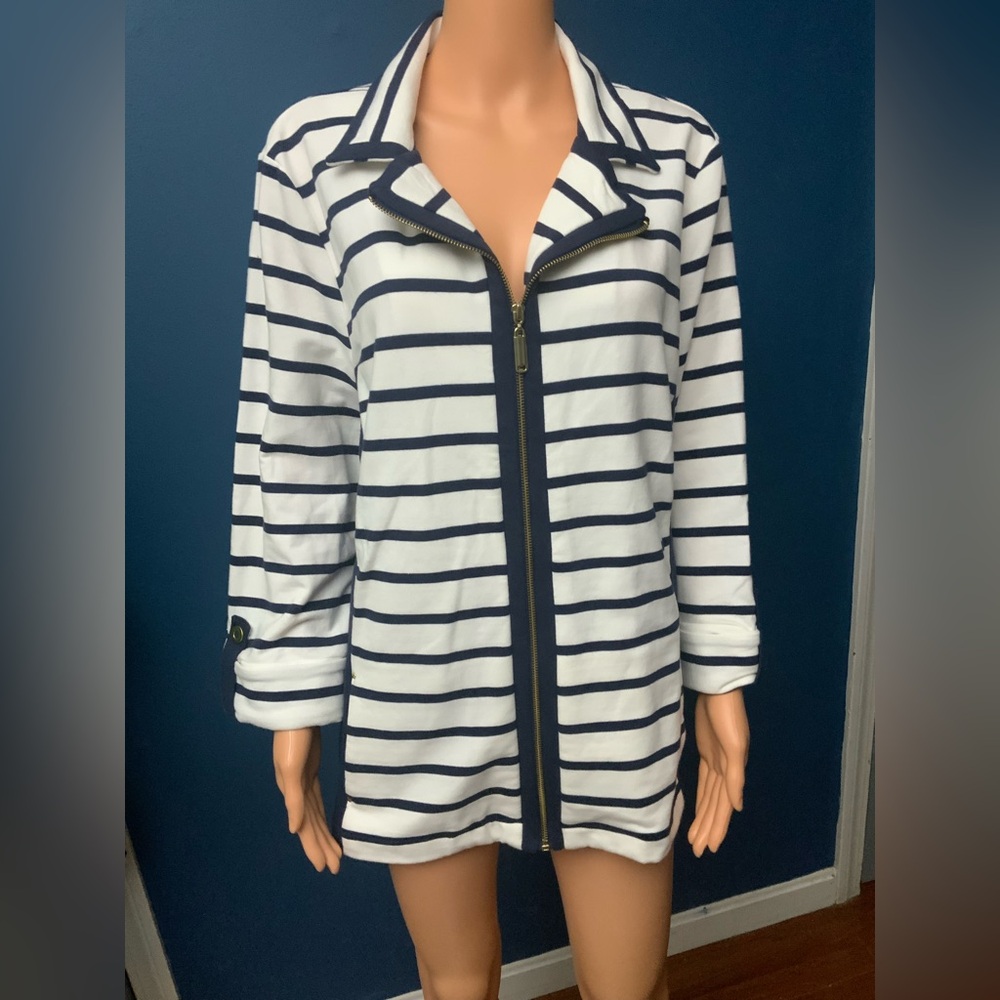 JM Collection Navy and White Striped Zip-Front Jacket